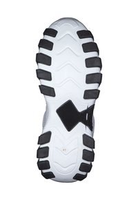 Schuhsohle mit einem robusten schwarzen Gummiprofil, das ausgeprägte Zickzackmuster aufweist, auf einem weißen Untergrund; beinhaltet einen schwarzen Kunststoffakzent.