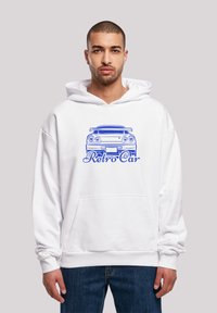 White hoodie made of cotton blend, featuring a blue graphic of a car and "Retro Car" text. Includes a front pocket and drawstring hood.
