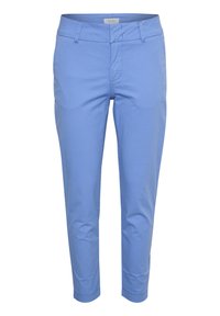 Chinos en coton bleu clair avec une fermeture éclair avant, des passants pour ceinture et des jambes effilées. Texture lisse et design simple, adaptés à un style décontracté.