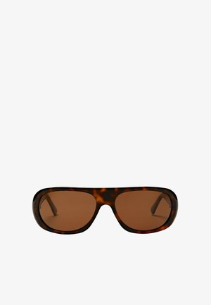 Lunettes de soleil rectangulaires écaille avec verres teintés marron et une monture épaisse.