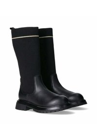 Stivali neri al ginocchio con punta e tacco in pelle liscia, gambale in maglia texturizzata con una striscia dorata e suola in gomma resistente.