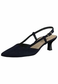 Scarpa slingback in suede blu navy con punta affusolata, tacco basso a blocco, cinturino alla caviglia regolabile e rivestimento interno liscio.