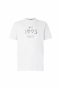 Witte T-shirt met korte mouwen van katoen, voorzien van een textuur grafische print met "est. 1995 LIUJO" in contrasterend metallic zilver.