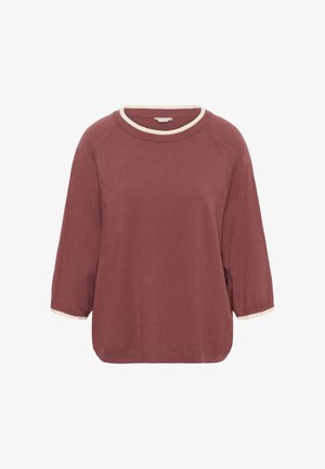 Rūsganbrūns adīts džempers ar trim ceturtdaļām garām piedurknēm un baltu apdari uz apkakles un piedurknēm, izlikts uz vienkārša baltā fona.