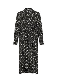Schwarzes Kleid mit Kragen und langen Ärmeln, das mit einem cremefarbenen geometrischen Muster, tailliertem Taille und knielanger Schnitt versehen ist. Weicher, fließender Stoff.