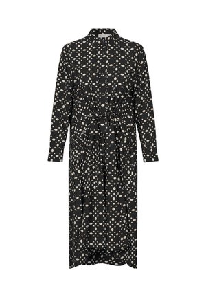 Black dress with a collar and long sleeves, featuring a cream geometric print, belted waist, and knee-length cut. Soft, flowing fabric.