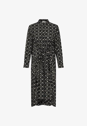 Zwarte jurk met een kraag en lange mouwen, voorzien van een crèmekleurige geometrische print, een ceintuur op de taille en een knielange snit. Zachte, vloeiende stof.