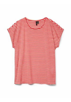 Rød og hvid kortærmet t-shirt med vandrette striber og rund halsudskæring, vist fladt mod en hvid baggrund.