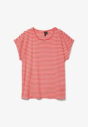 Rood-wit horizontaal gestreept T-shirt met korte mouwen en een ronde hals, plat liggend tegen een witte achtergrond.