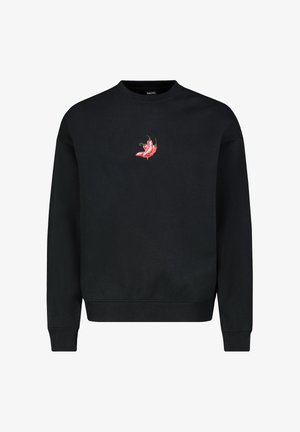 Black sweatshirt made of cotton, featuring a crew neck, ribbed cuffs, and a small red chili pepper embroidery on the chest.