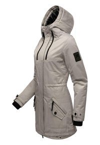 Light grey jacket with a hood, black accents, and zippers. Features ribbed cuffs and multiple front pockets. Smooth texture and tailored fit.