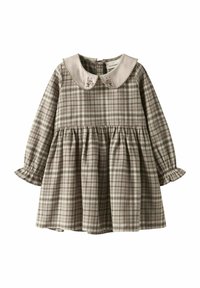 Robe à carreaux dans des tons de gris avec des manches longues, des poignets froncés, un col de couleur claire et une broderie florale sur les bords du col.