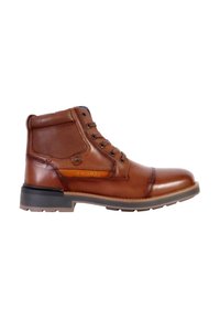 Brown leather ankle boot with a laced design, textured side panel, logo accent, and sturdy rubber sole providing traction and durability.