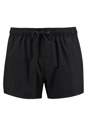 Schwarze Badeshorts mit einem elastischen Bund und Kordelzug, ausgestattet mit einer glatten Textur und einer einzigen Vordertasche.