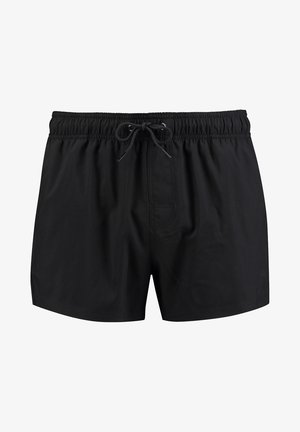 Schwarze Badeshorts mit einem elastischen Bund und Kordelzug, ausgestattet mit einer glatten Textur und einer einzigen Vordertasche.