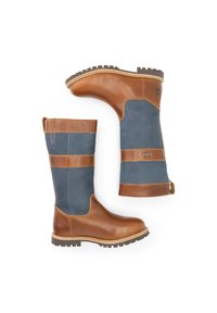 Bruna läder- och blå textilknähöga stövlar med en robust sula, kontrasterande horisontella band och en dragflik på baksidan för enkel påtagning.