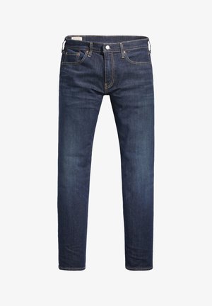 Dunkelblaue Slim-Fit-Jeans mit vorderem Knopf- und Reißverschluss, fünf Taschen und gelben Nähdetails.