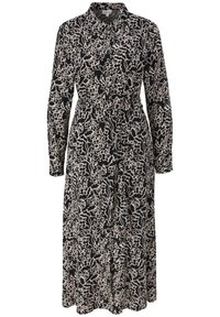 Robe midi noire à manches longues avec motif floral abstrait blanc, col, boutonnage devant et taille cintrée.