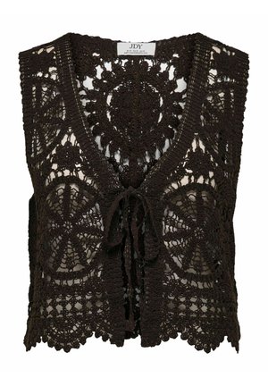 Veste en crochet noire avec motifs floraux et circulaires, bords festonnés et fermeture à nouer devant.