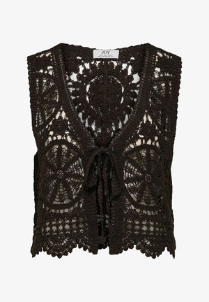 Chaleco de crochet negro con patrones florales y circulares, bordes ondulados y cierre delantero con lazo.