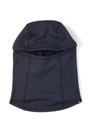 Zwarte zachte stoffen balaclava met zichtbare stiksels en een klein label, ontworpen om het hoofd, de nek en het onderste deel van het gezicht te bedekken.
