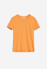 T-shirt a maniche corte, con scollo rotondo, in tessuto a coste di un vivace arancione. Presenta un orlo dritto senza ulteriori motivi o accenti.