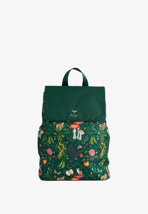 Green backpack with a flap. Features a vibrant, nature-themed print, including animals and plants. Made from durable materials.
