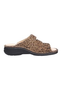 Brown leopard print slide sandal with cut-out design, soft suede upper, textured footbed, and a black, cushioned rubber sole.