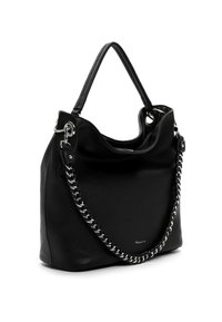 Musta nahkainen käsilaukku, jossa on teksturoitu pinta, hopeaketjusomiste ja yksi tukeva kahva. Avoin yläosa.