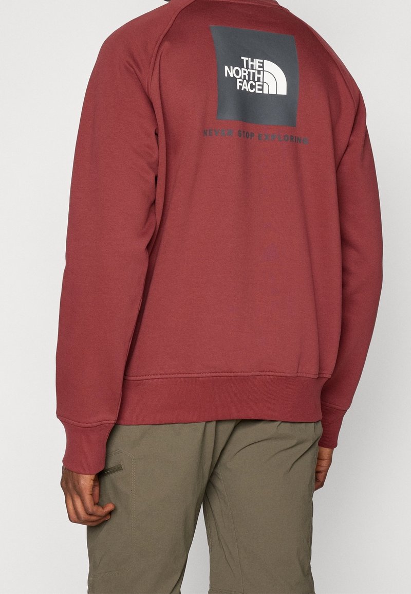 Personne portant un sweat-shirt rouge rouille avec le logo The North Face et le texte "Never Stop Exploring" au dos, associé à un pantalon vert olive.
