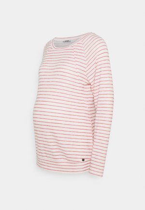 White long-sleeve maternity top with horizontal pink stripes and a round neckline on a plain background.