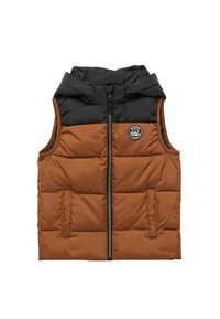 Kamizelka ocieplana z kapturem, z czarną górną częścią i brązowym dołem. Dwie przednie kieszenie z zamkiem błyskawicznym oraz okrągły detal z logo.