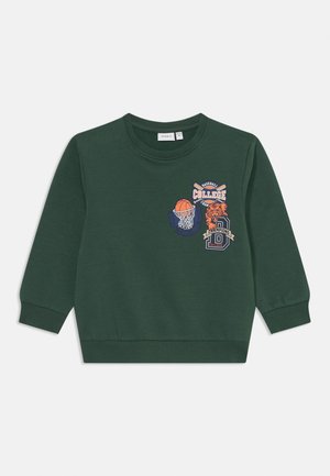 Sudadera de algodón verde con puños y dobladillo acanalados, que presenta gráficos coloridos con temática deportiva: un balón de baloncesto, un tigre y la palabra "College".