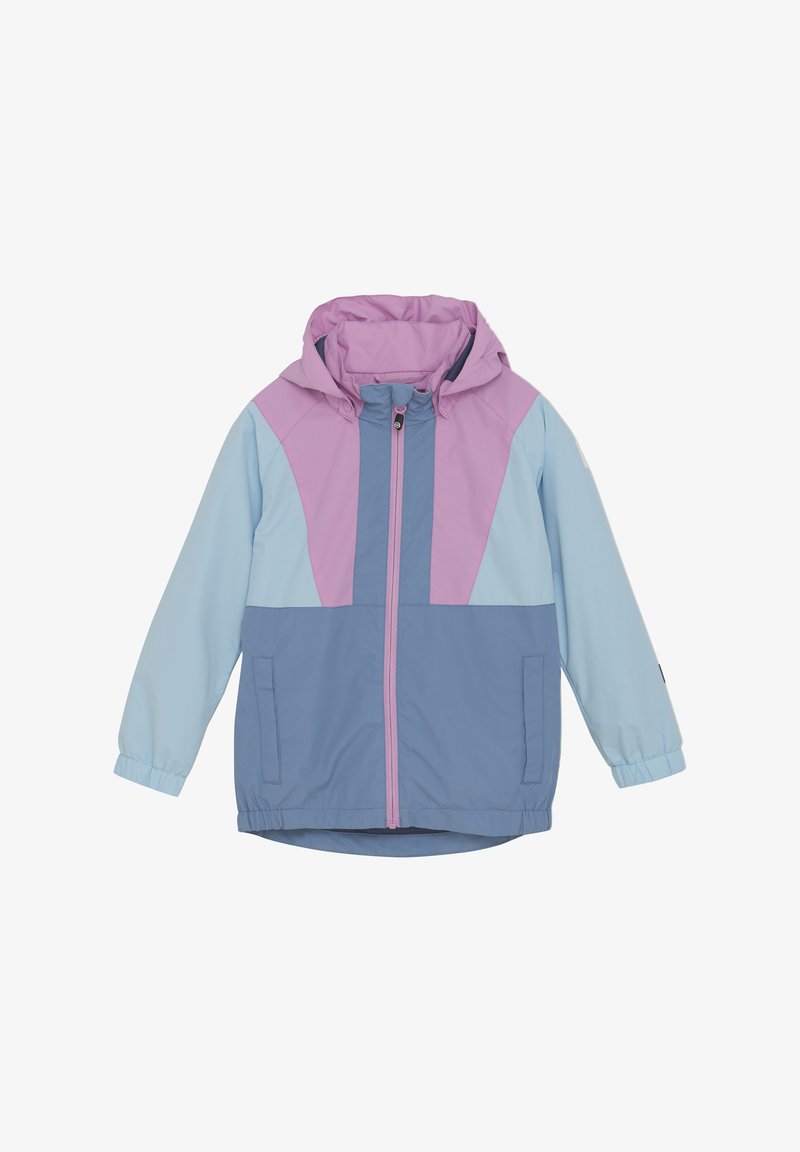 Color-blocked jacket in light blue, lilac, and navy. Features a hood, front zip closure, elastic cuffs, and side pockets. Smooth texture.