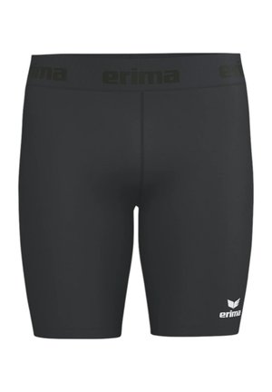 Zwarte sportcompressieshorts tot halverwege de dij met elastische tailleband en klein wit "erima" logo op het onderste linkerbeen.