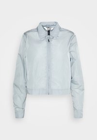 Ανοιχτό μπλε κοντό μπουφάν από λαμπερό νάιλον, με μπροστινό φερμουάρ και κλασικό γιακά. Μακριά, ελαφρώς συγκεντρωμένα μανίκια.