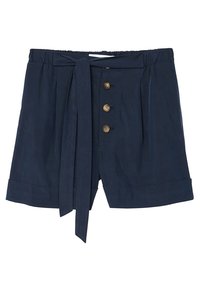 Námořnické modré šortky vyrobené z lehké látky, s páskem na zavazování, pěti zlatými knoflíky a ohnutými lemy pro strukturovaný vzhled.