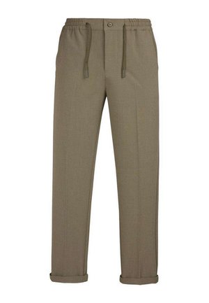 Pantalon vert olive à jambes droites avec taille élastique, bouton frontal, cordons de serrage et revers retroussés.