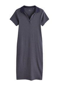 Navy blue striped dress with a collar, short sleeves, and a relaxed fit. Features alternating thin white lines and a lightweight texture.