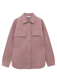 Jasnoróżowa koszula zapinana na guziki, wykonana z bawełny, z kołnierzykiem, dwiema kieszeniami na piersi oraz luźnym fasonem i długimi rękawami.