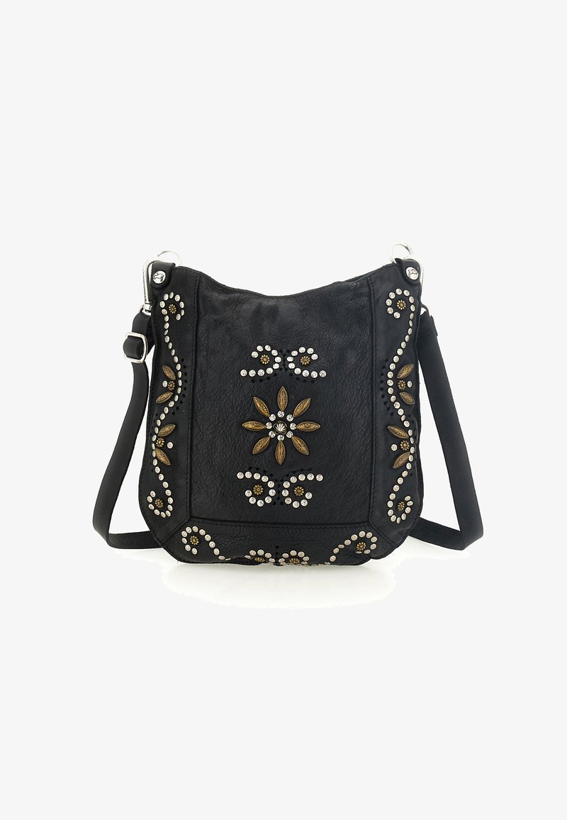 Sac bandoulière en cuir noir avec embossage floral, accents métalliques et strass. Dispose d'une sangle robuste et d'une surface texturée.