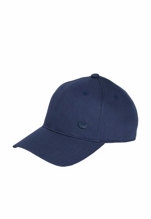 Gorra de béisbol azul marino con visera curva y pequeño logo de trébol de Adidas en el panel delantero izquierdo.