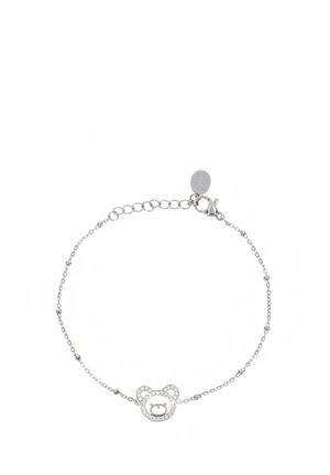 Delicato braccialetto a catena in argento con piccole perle e un ciondolo centrale a forma di orso contornato da piccoli cristalli.