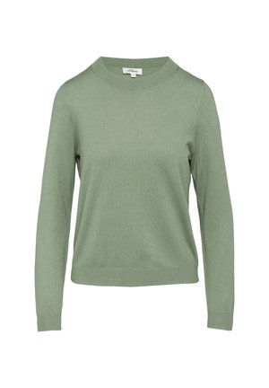 Pull vert clair à col rond, à manches longues et à ourlet légèrement court. Fabriqué en tissu doux avec une texture lisse.