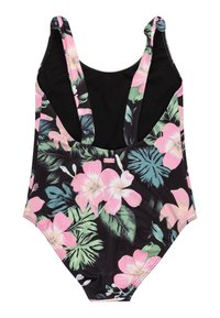 Jednodílné plavky s černým pozadím a růžovými hibiskovými květy, zelenými listy a širokými ramínky. Hladký, elastický materiál.