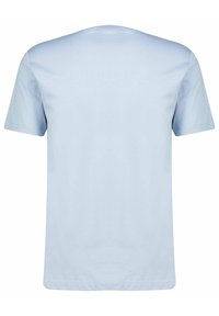 Světle modré tričko s krátkým rukávem, kulatým výstřihem, vyrobené z měkké bavlny, s hladkým povrchem a jednoduchým, jednobarevným designem.
