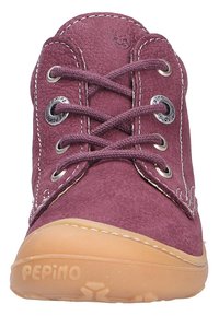 Purple suede ankle boot with rounded toe, metal eyelets, and cotton laces. Features a tan rubber sole with embossed brand name "Pepino."