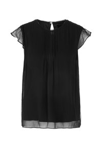 Schwarze transparente Bluse mit kurzen Kapellärmeln, plissiertem Vorderteil und Schlüssellochverschluss hinten. Leichter, fließender Stoff mit einer sanften Textur.