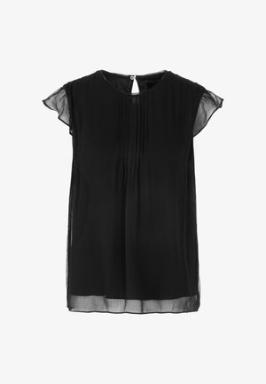 Black sheer blouse with short cap sleeves, pleated front detail, and keyhole back closure. Light, flowing fabric with a soft texture.