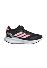 Black athletic shoe with pink accents, textile upper, secure strap, and cushioned sole. Features three white stripes and textured design.